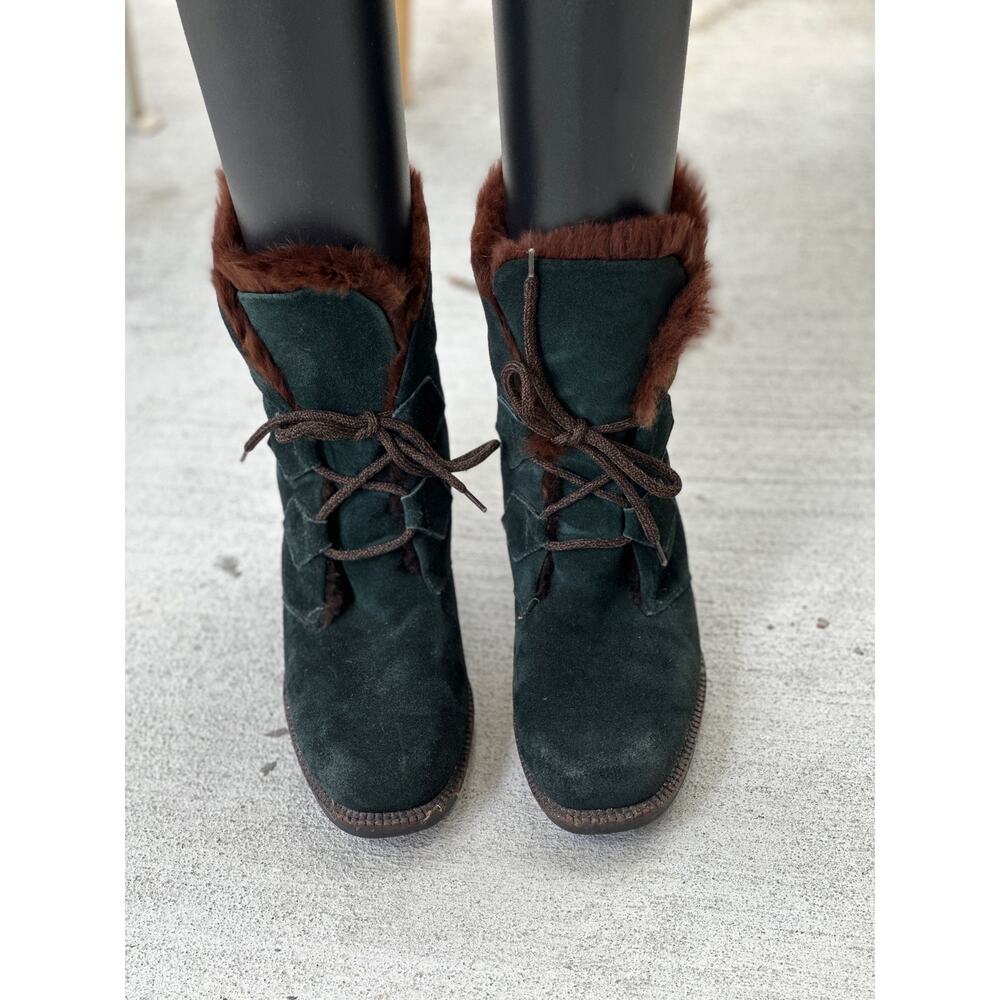 Vicini Italy Women’s EU 37.5 | US 7.5 Green Suede Fur Lined Lace Up Winter Boots - Picture 3 of 13